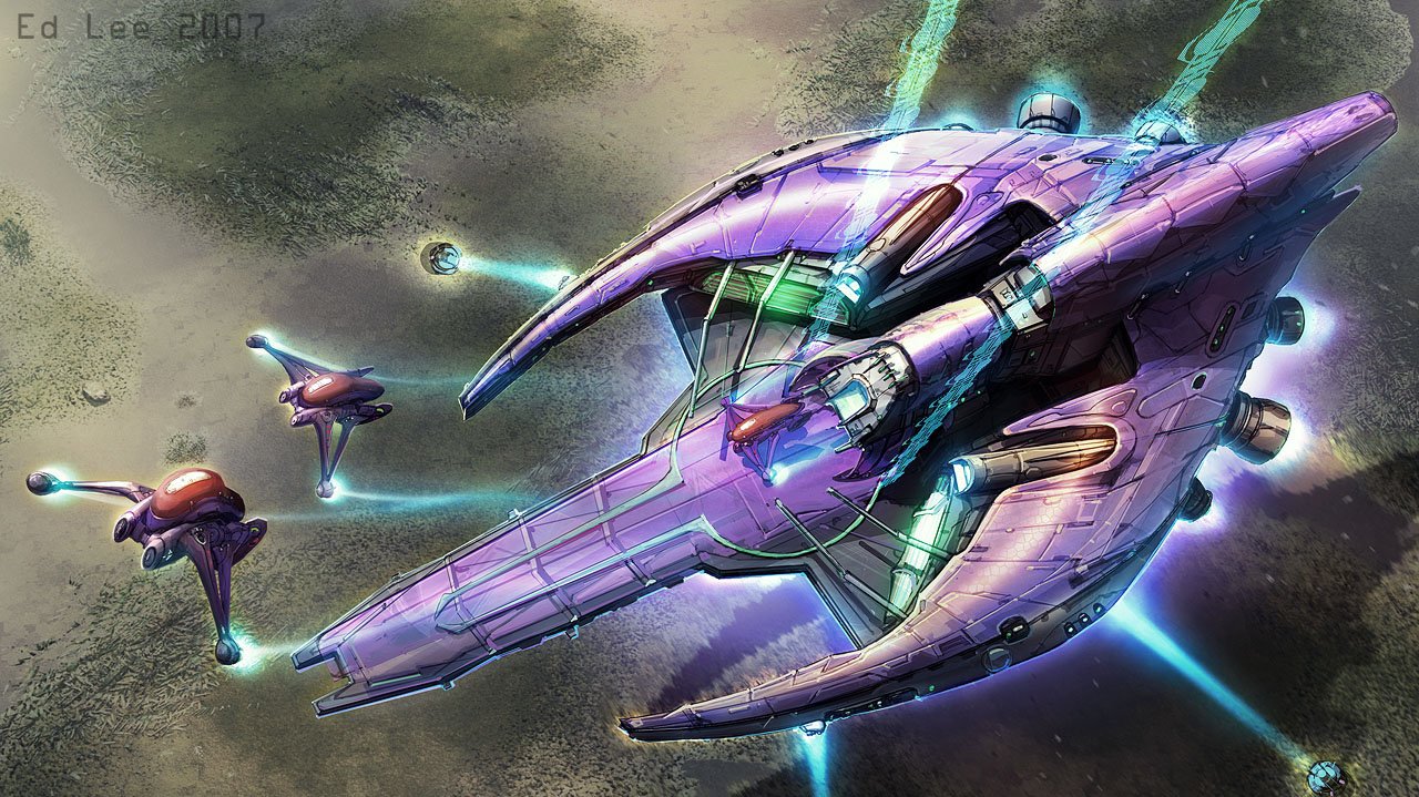 Digital art of a sleek, purple sci-fi spaceship flying through space accompanied by smaller alien crafts against a cloudy cosmic backdrop.