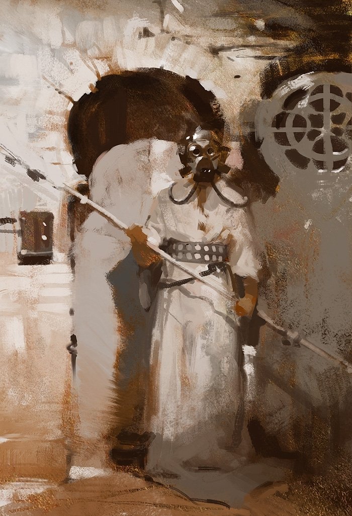 Sci‑fi Star Wars scene: a robed Tusken Raider in a sand‑washed dwelling, breathing mask and gaffi stick spear held ready.