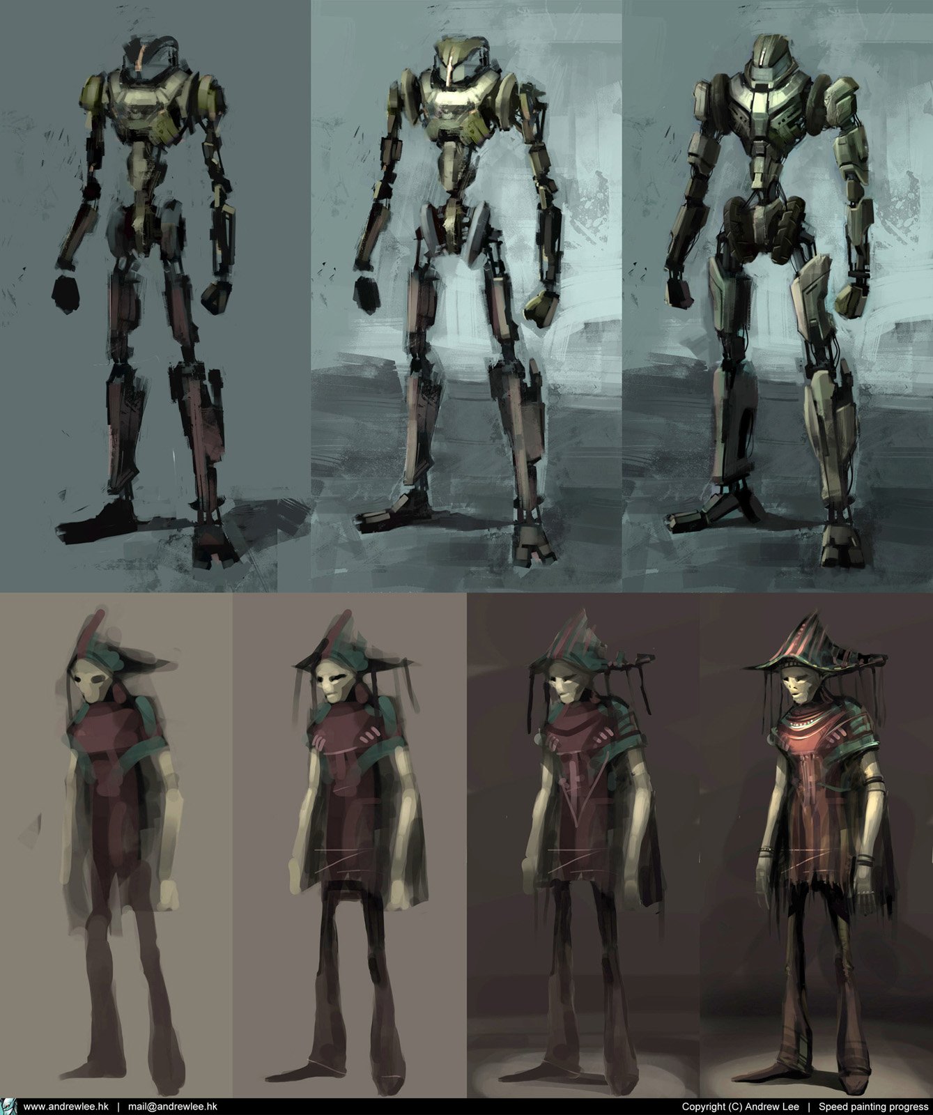 Sci-fi artistic concept sheet showing three tall skeletal combat robots above four cloaked humanoid character designs in muted green, brown and gray tones.
