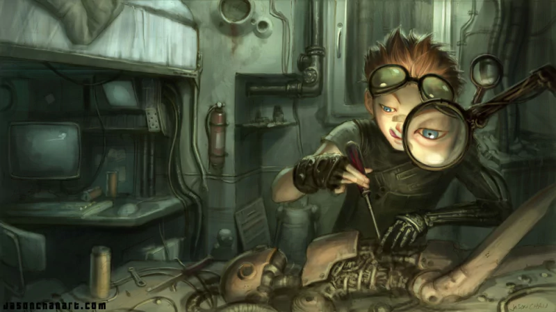 A steampunk-inspired sci-fi character with goggles and magnifying glass assembles a robotics robot in a dimly lit, industrial workshop.