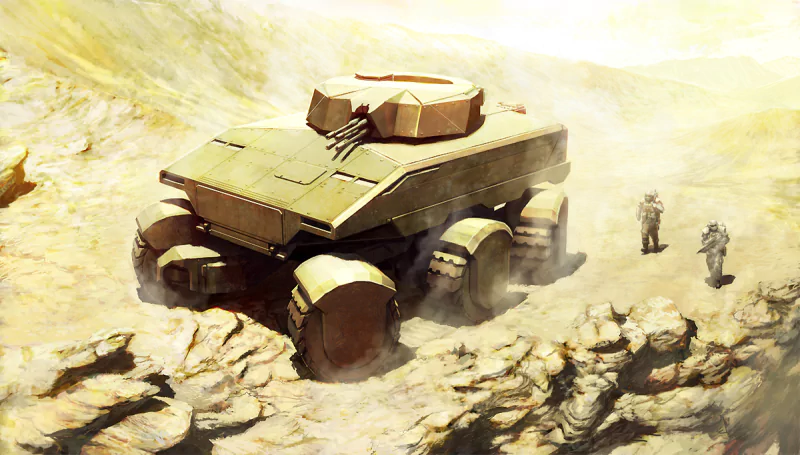 A bulky sci-fi military tank vehicle rolls through a sun-bleached desert canyon while two soldiers walk nearby.