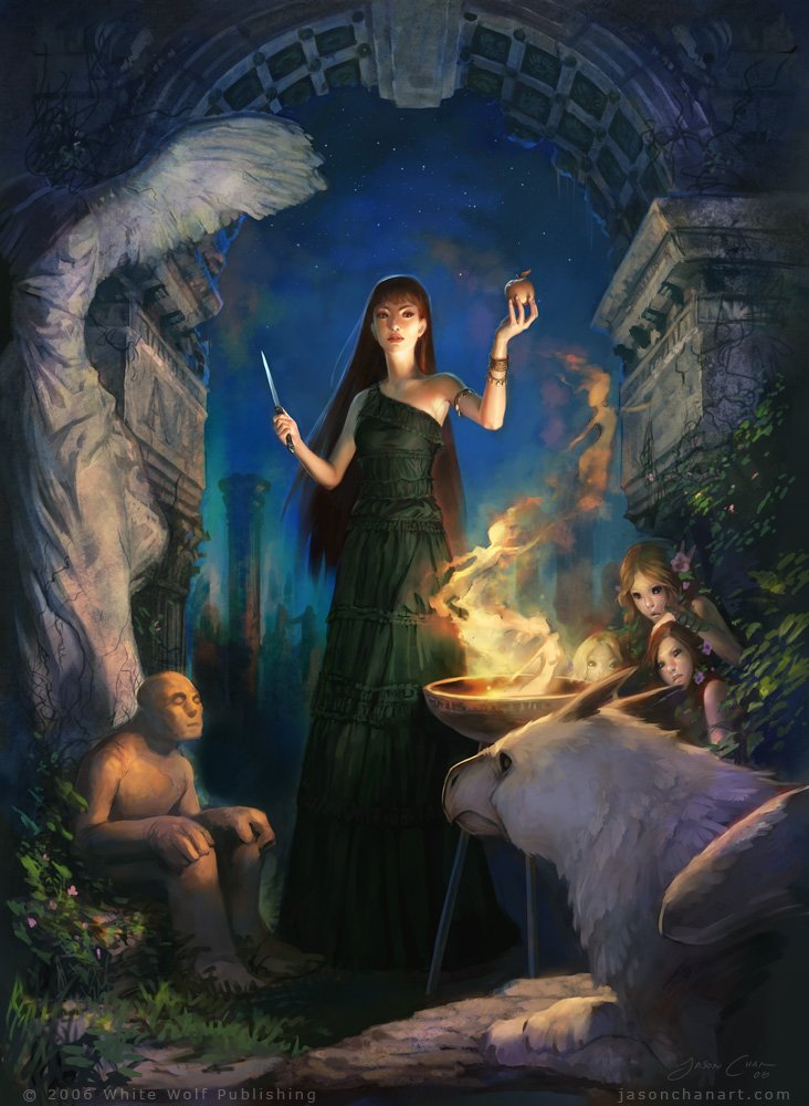 Artwork: a fantasy ritual — a robed woman performs magic over a flaming brazier, watched by stone figures, children and a spectral white bear beneath a ruined arch, evoking mysticism.