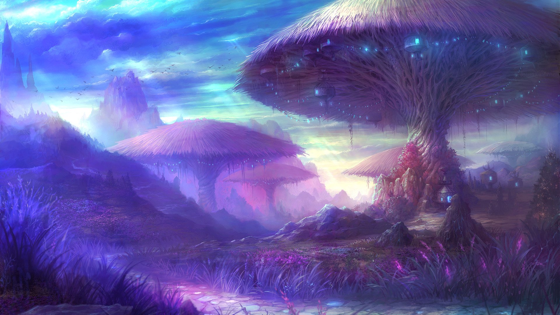 AION video game scene: a dreamlike purple-blue landscape of oversized glowing mushrooms, luminescent flora, and a radiant, otherworldly sky.