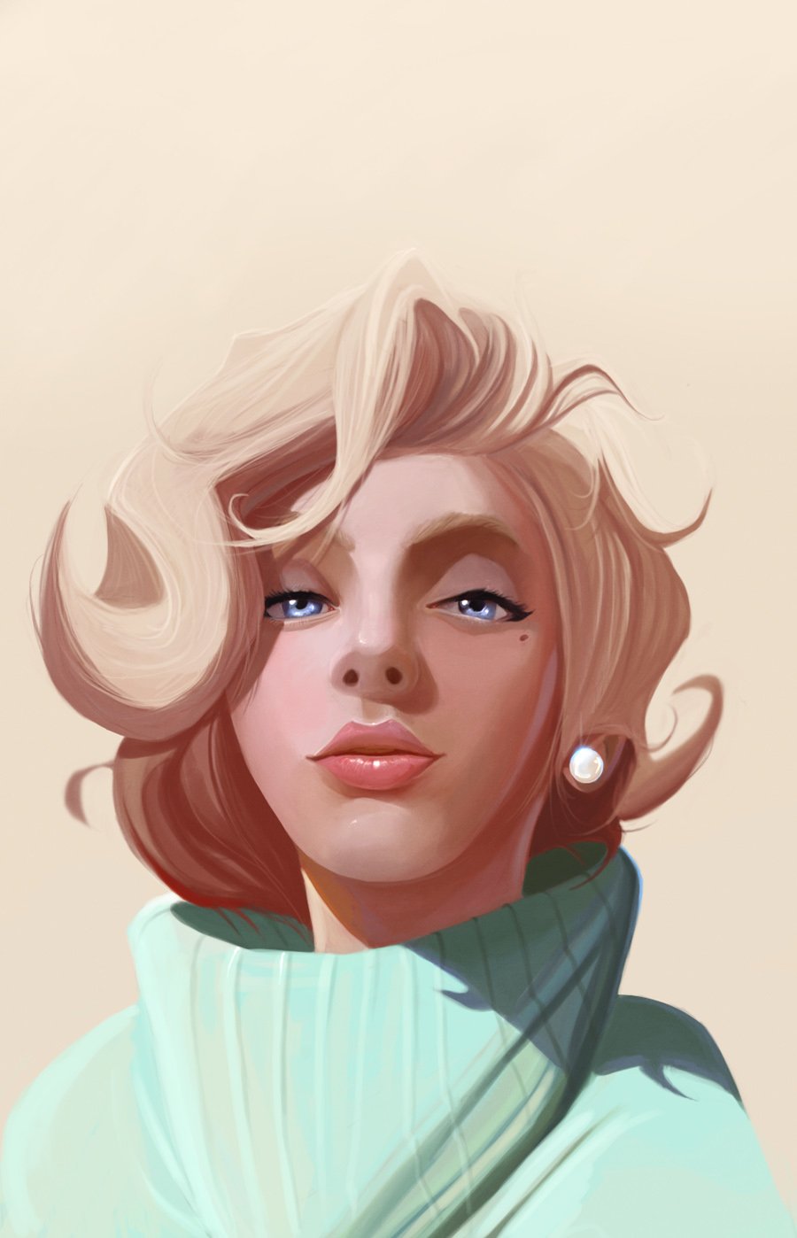 Portrait of a woman with short blonde hair, blue eyes, and pearl earrings, wearing a light blue high-collared sweater against a soft beige background.