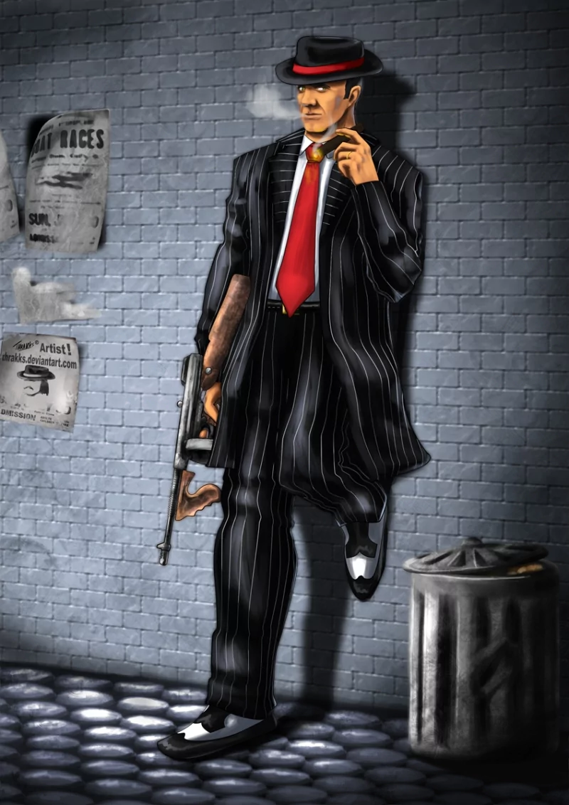 Artistic 3D rendering of a 1920s-style gangster in a pinstripe suit, red tie and fedora, leaning against a brick wall holding a tommy gun and a cigarette.