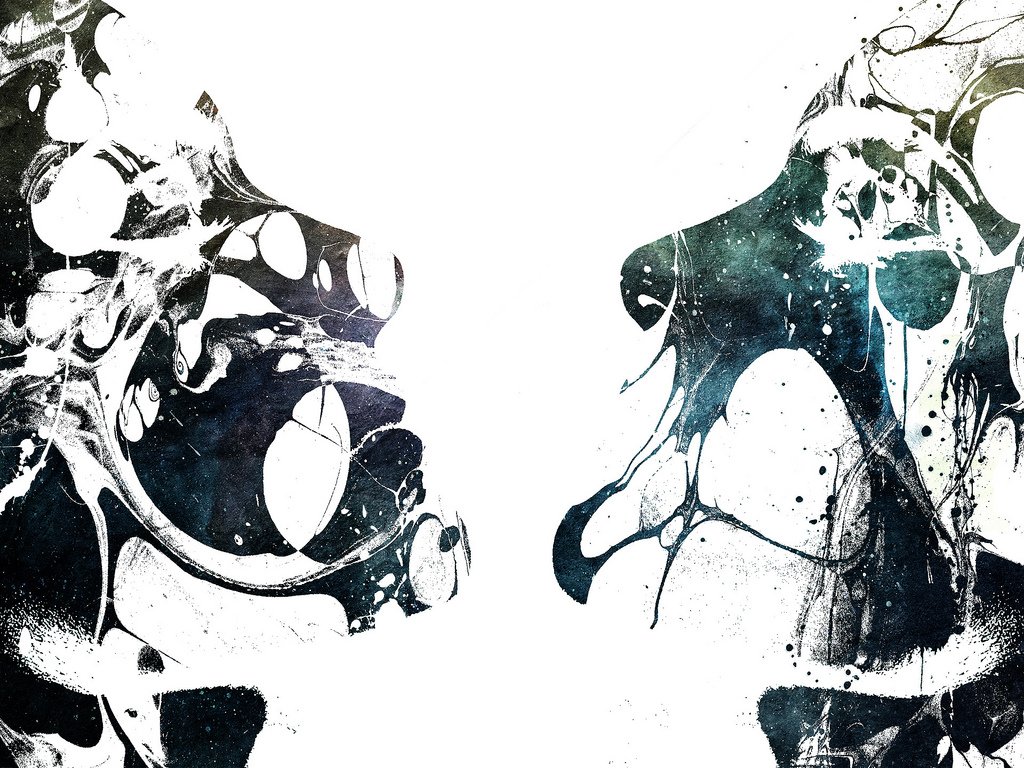 Artistic painting featuring abstract, fluid black and white forms with hints of deep blue and green, evoking a sense of movement and contrast.