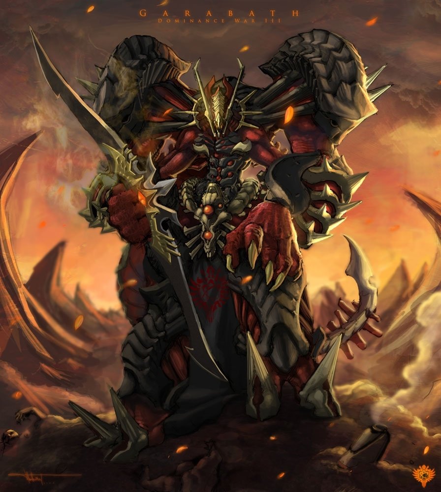 Sci-fi fantasy scene: a towering demon warlord in spiked biomechanical armor, glowing eyes and a massive blade, standing amid a scorched, fiery alien battlefield.