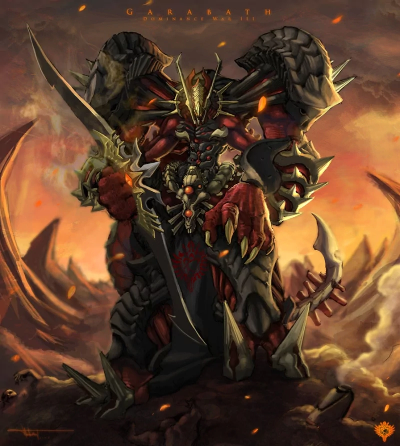 Sci-fi fantasy scene: a towering demon warlord in spiked biomechanical armor, glowing eyes and a massive blade, standing amid a scorched, fiery alien battlefield.