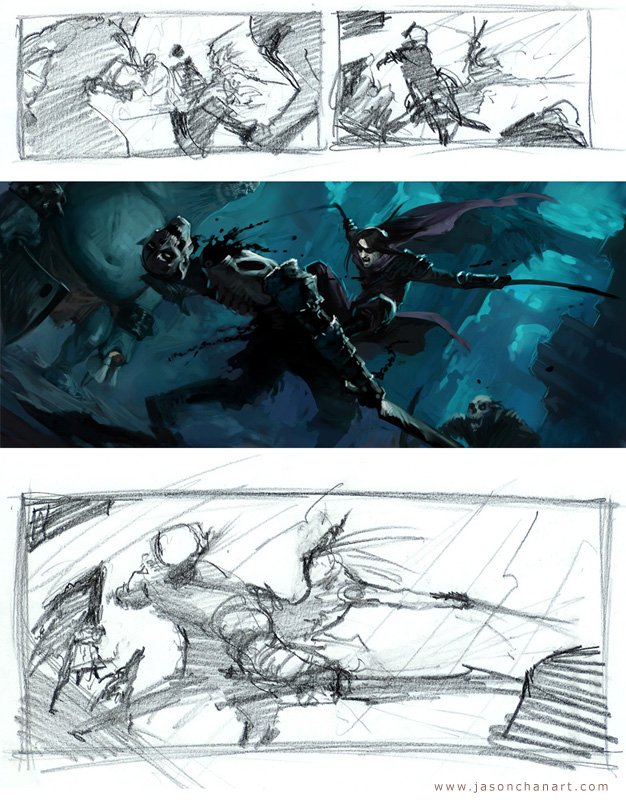 Dark fantasy concept art depicting an intense action scene where a winged warrior battles a zombie in a shadowy, underwater-like environment.