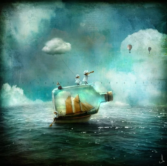 A whimsical, artistic fantasy scene of a ship inside a bottle floating on the sea, with tiny figures exploring and hot air balloons drifting among soft clouds.