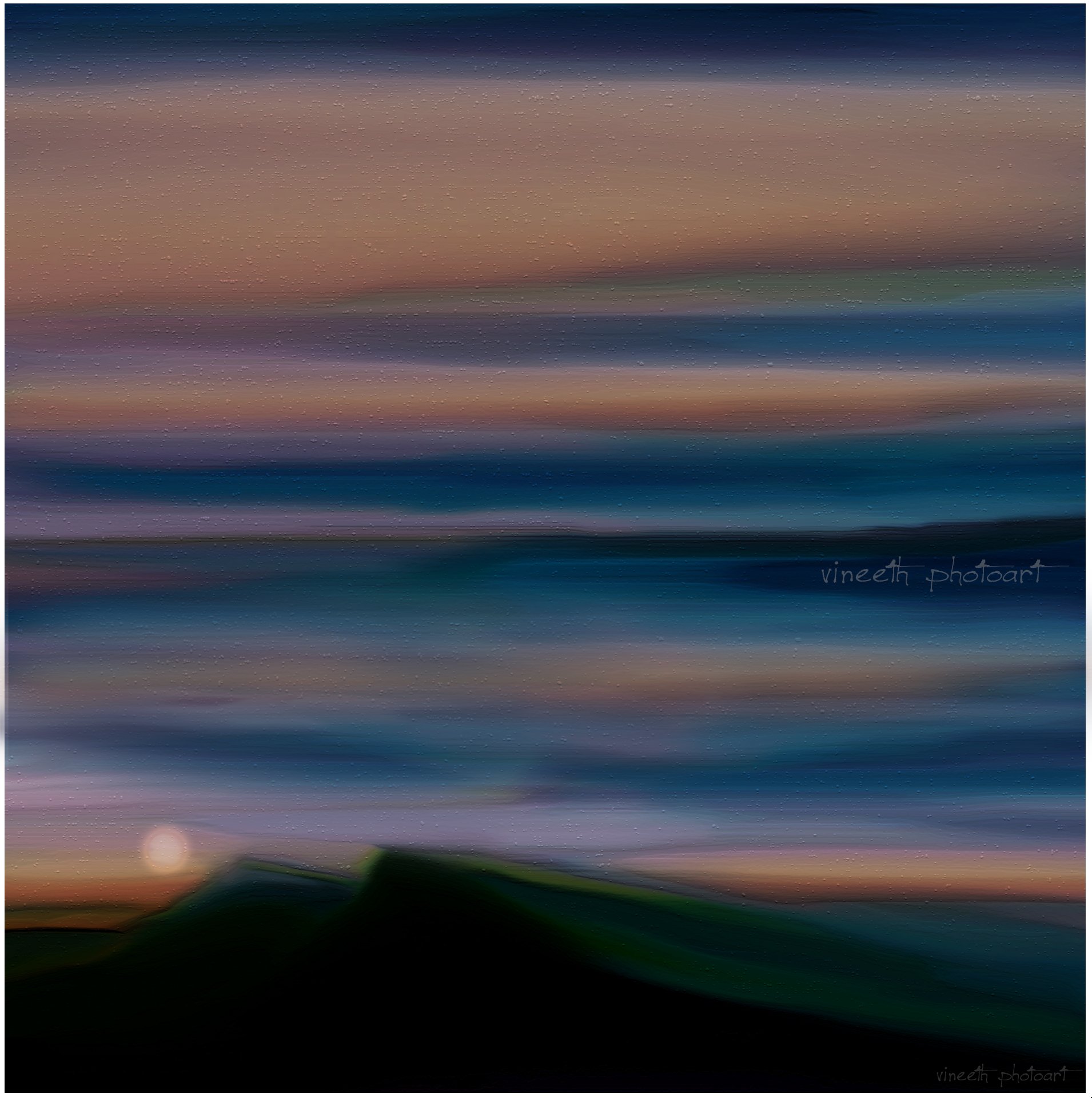 An artistic depiction of a calm natural landscape at dusk, with soft, blended hues of blue, purple, and orange creating a serene sky above a dark silhouette.