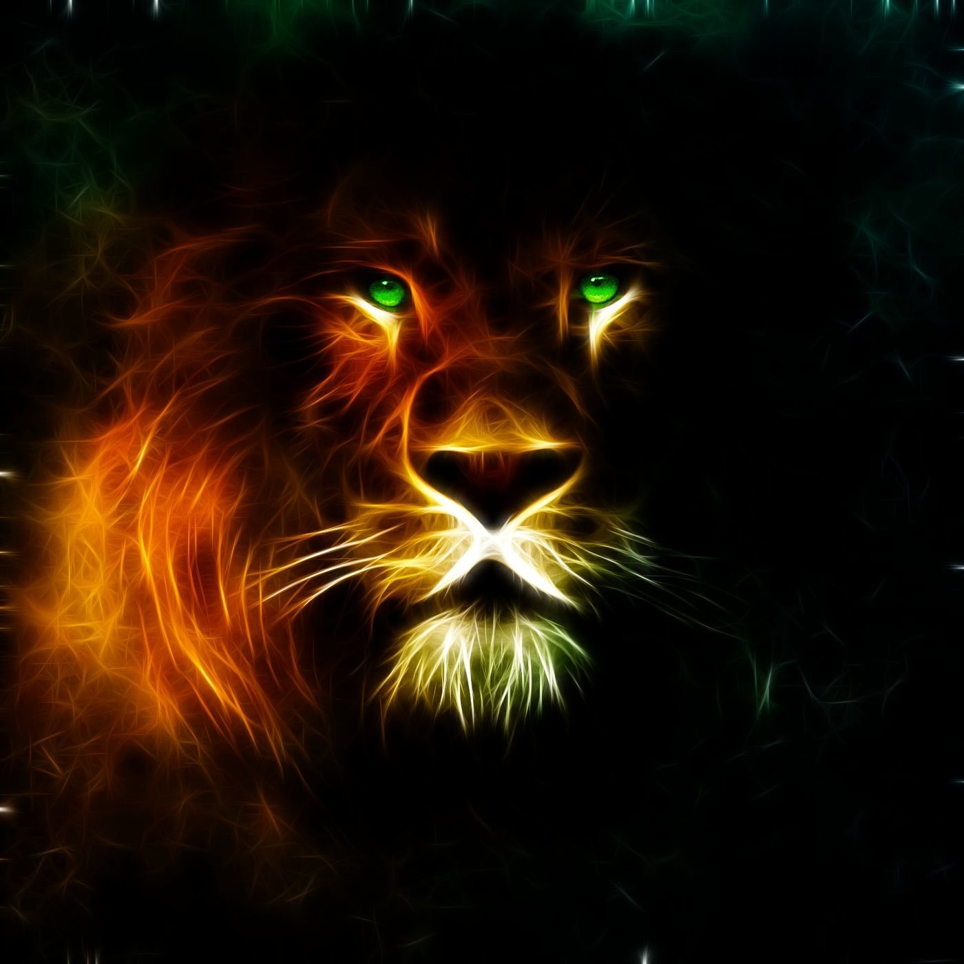 Artistic depiction of a lion's face with glowing green eyes and fiery, electric-like fur patterns against a dark background.