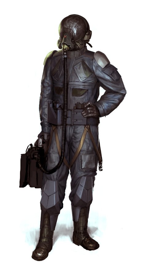 A military pilot stands confidently in a dark flight suit, equipped with a helmet and holding a briefcase, ready for duty. The design reflects a mix of functionality and readiness.