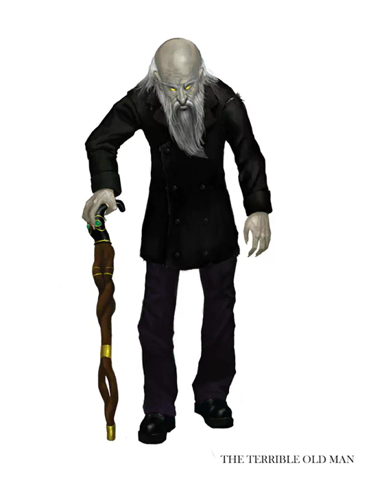 A spooky old man, resembling a monster from folklore, leans on a twisted cane, embodying the eerie presence of The Terrible Old Man.