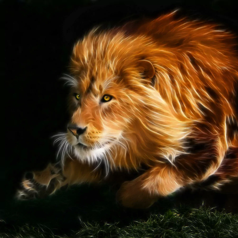 Artistic depiction of a lion with glowing fur details, set against a dark background, emphasizing the animal’s intense gaze and majestic presence.