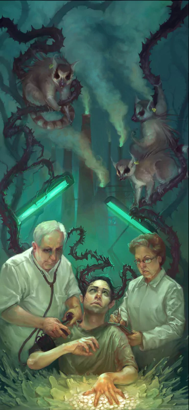 In a sci-fi horror scene, two surgeons treat a restrained man while dark vines and eerie lemurs swirl around, illuminated by an ominous green glow and factory smoke.