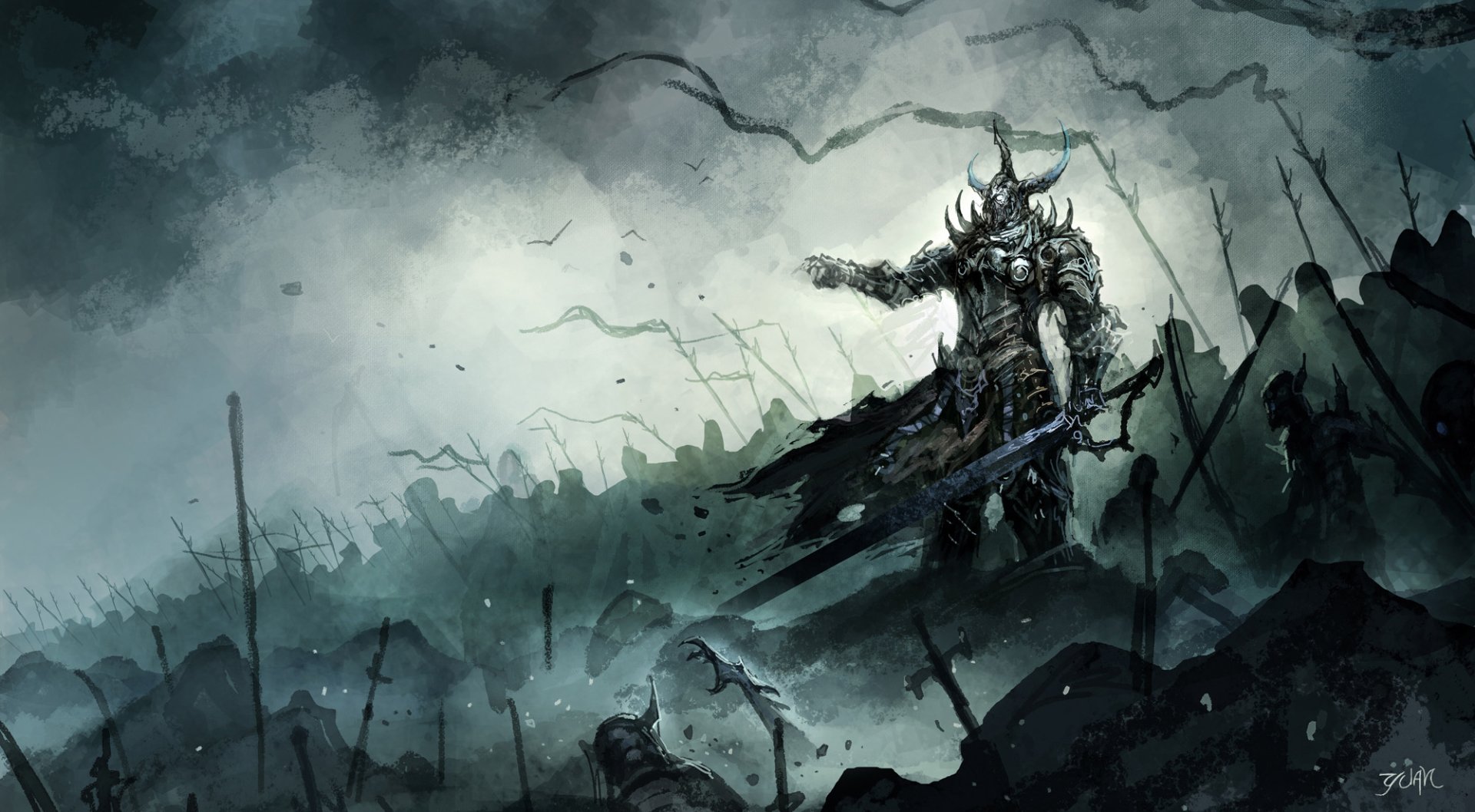A fantasy warrior clad in dark armor stands amid a battlefield shrouded in mist, surrounded by broken weapons and ominous skies.