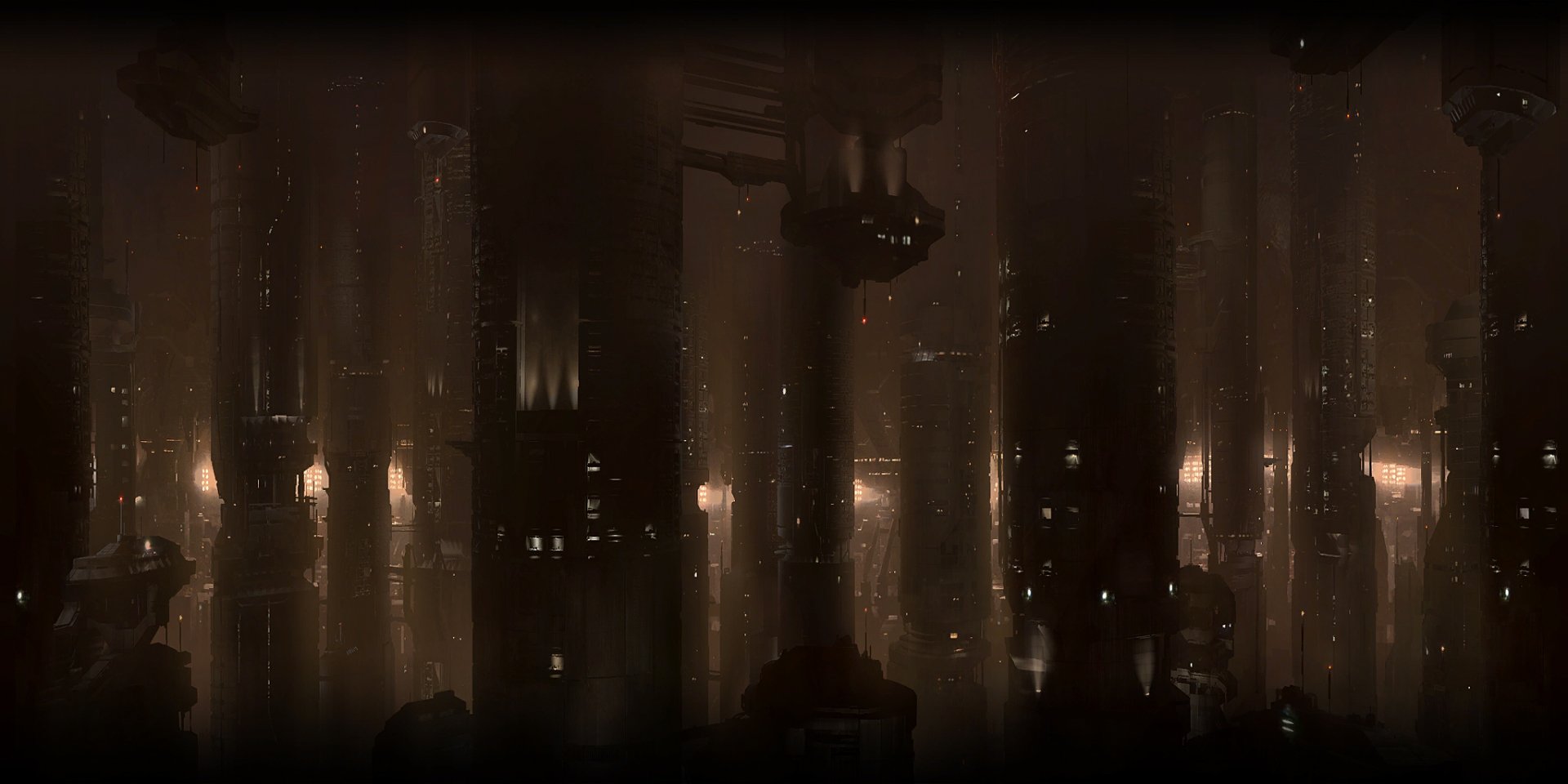 Moody sci‑fi city interior with towering pillars, glowing windows and hovering craft drifting through a misty, rain‑slick vertical metropolis.