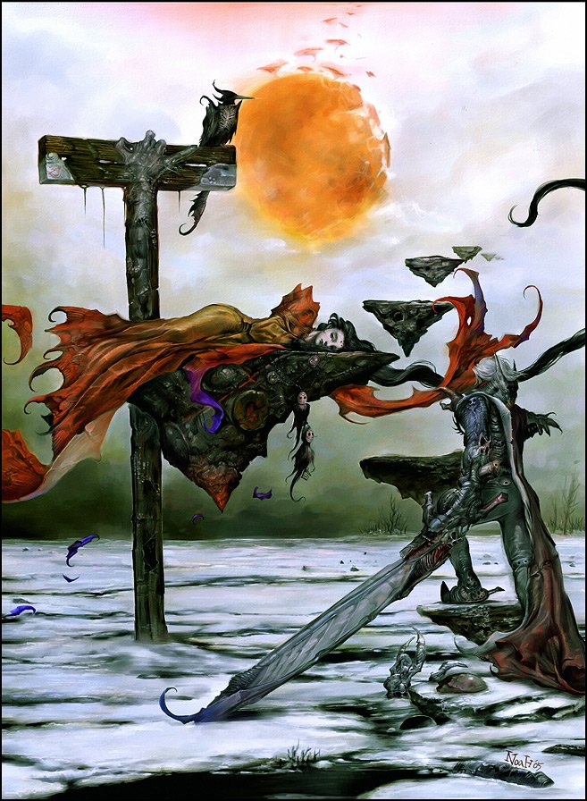 Dark fantasy scene featuring a mythical creature and a fantasy warrior with a large sword beneath a blood-red sun, surrounded by eerie, floating stone shards and dark, twisted structures.