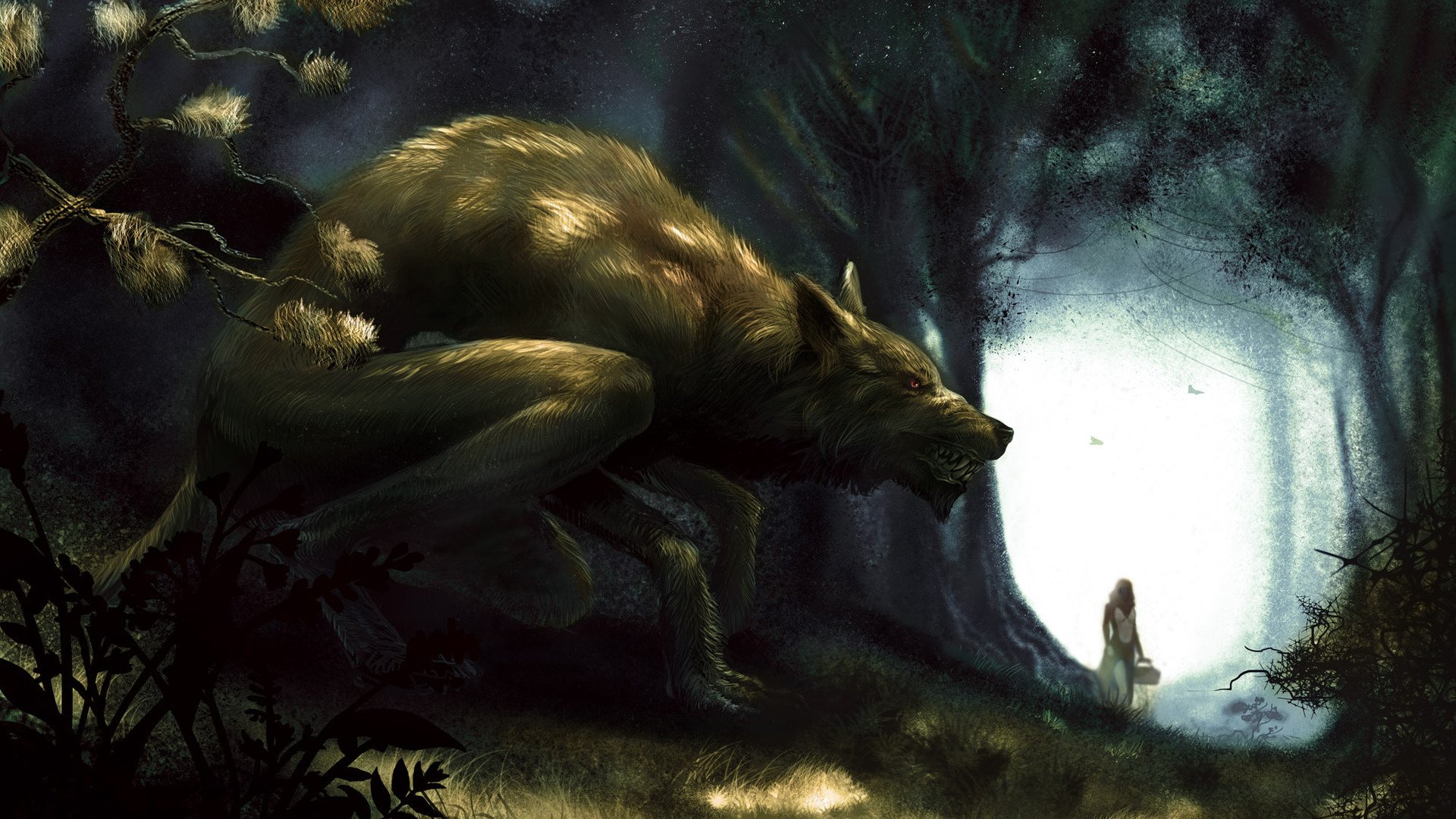 In the dark forest, a large werewolf crouches menacingly as a small figure stands near a glowing light in the distance.