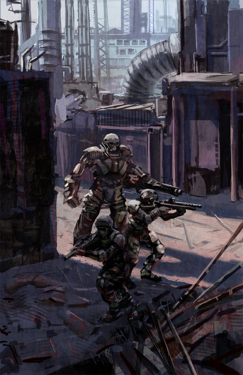 A futuristic military scene depicting two soldiers in camouflage gear, armed and positioned stealthily, with a large robotic figure looming behind them in an industrial setting.