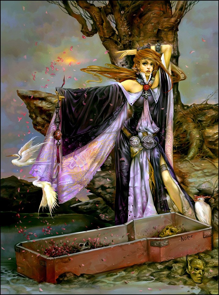 A dark fantasy scene of a mystical woman in flowing robes, standing beside an open coffin in a nature setting, surrounded by ravens and eerie, twisted trees.