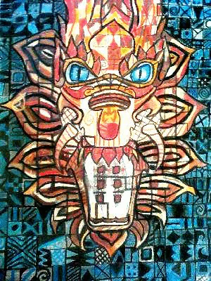 A pastel-colored fantasy creature with fiery details and bright blue eyes, set against a patterned blue and black background.