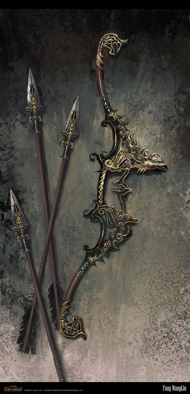 A set of intricately designed fantasy weapons featuring a decorative bow with ornate carvings and three matching arrows with detailed spear-like tips.