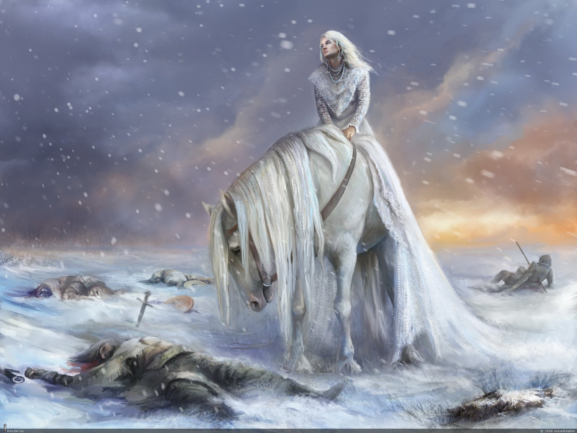 Artistic fantasy scene: a white‑haired rider in a flowing cloak on a pale horse pauses on a snowy battlefield strewn with fallen soldiers as snow falls beneath a bruised sunset sky.