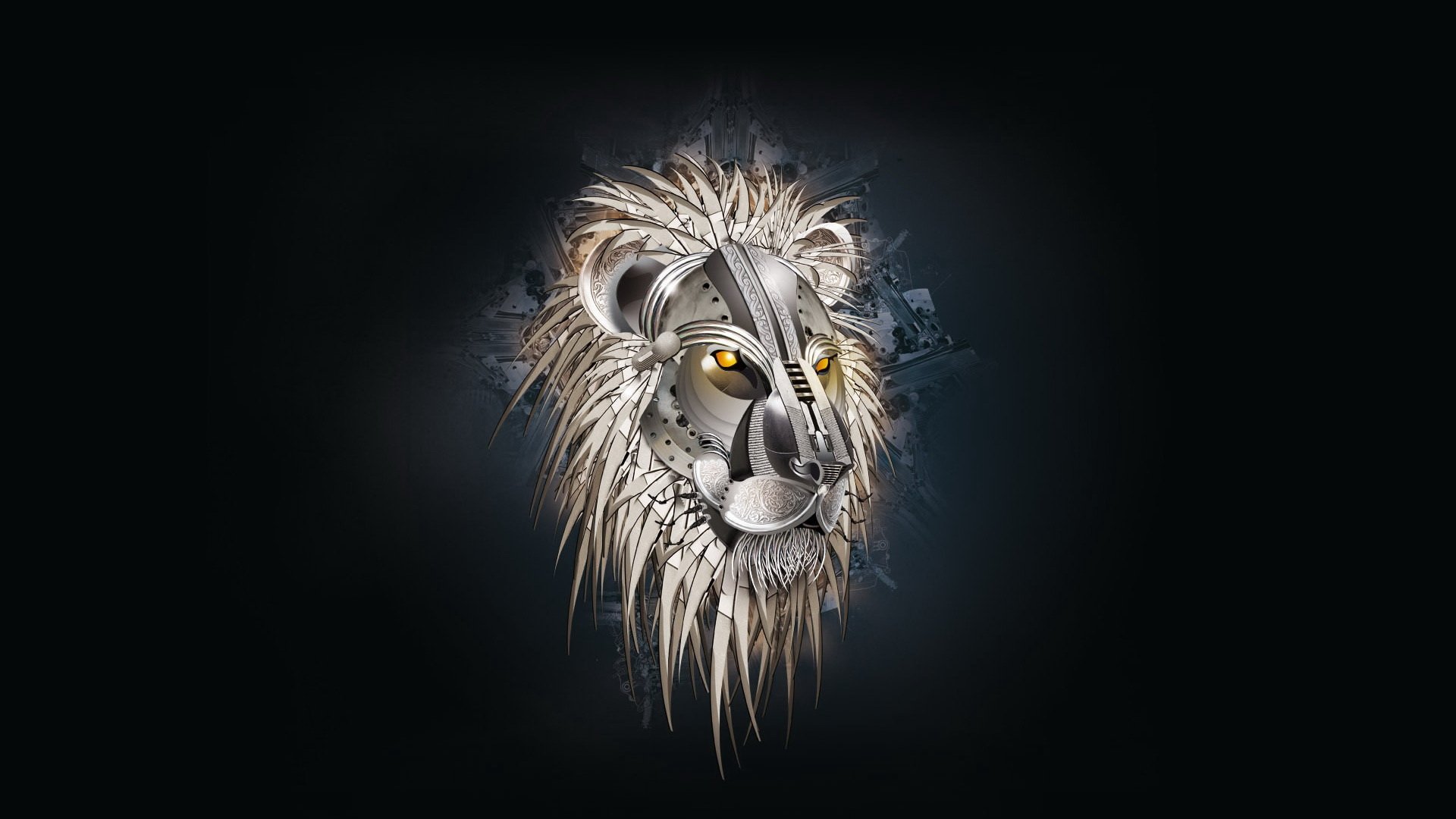 A stylized lion's head, featuring intricate designs and golden eyes, against a dark background, showcasing artistic creativity in animal representation.