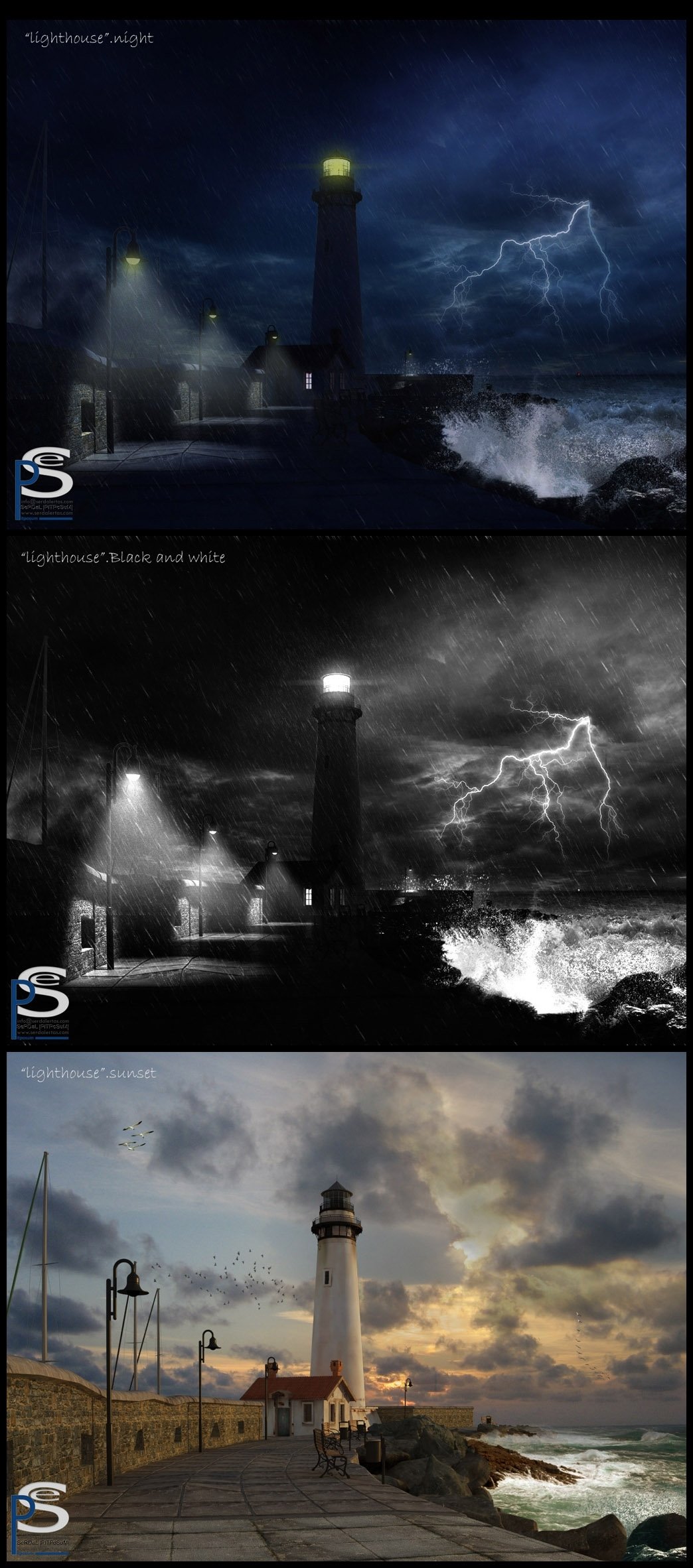 Abstract triptych depicting a lighthouse: a lightning-lit night storm, a black-and-white storm study, and a warm sunset coastal scene.