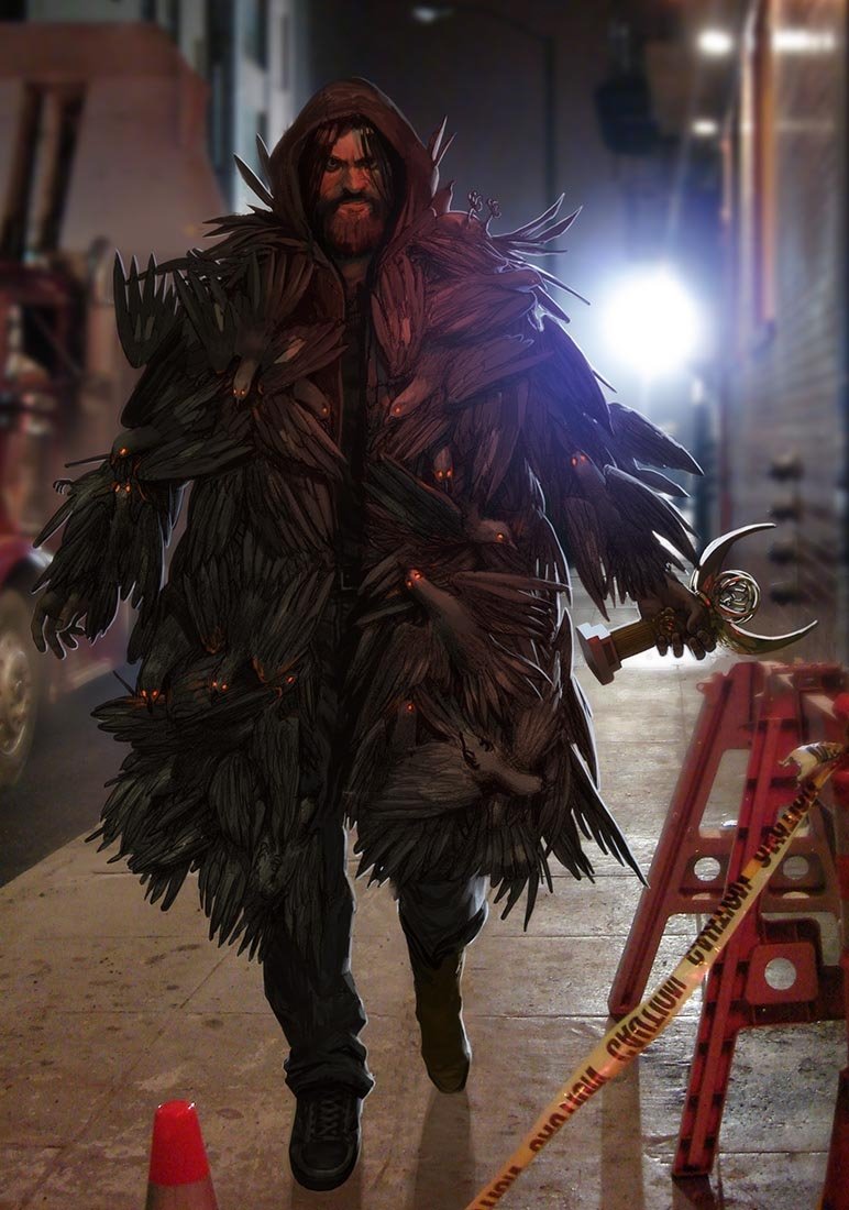 A man in a dark fantasy-inspired costume covered in feathers, holding a curved dagger, walks through an urban alley illuminated by harsh lighting.