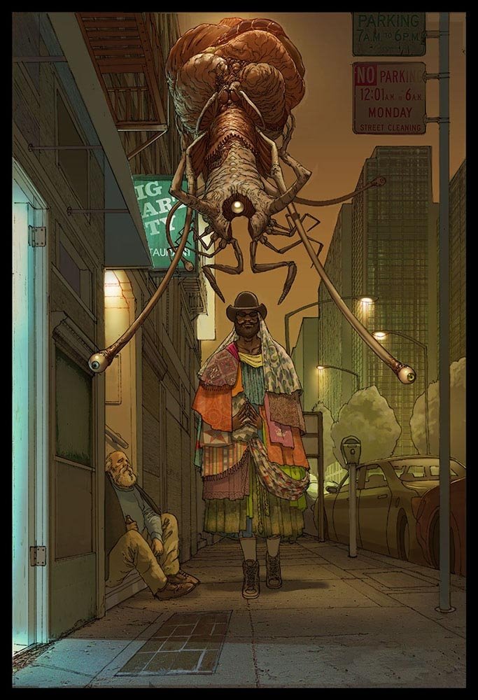 In a gritty urban alley, a mysterious figure dressed in layered clothing walks beneath a large, sci-fi alien creature hovering ominously overhead.