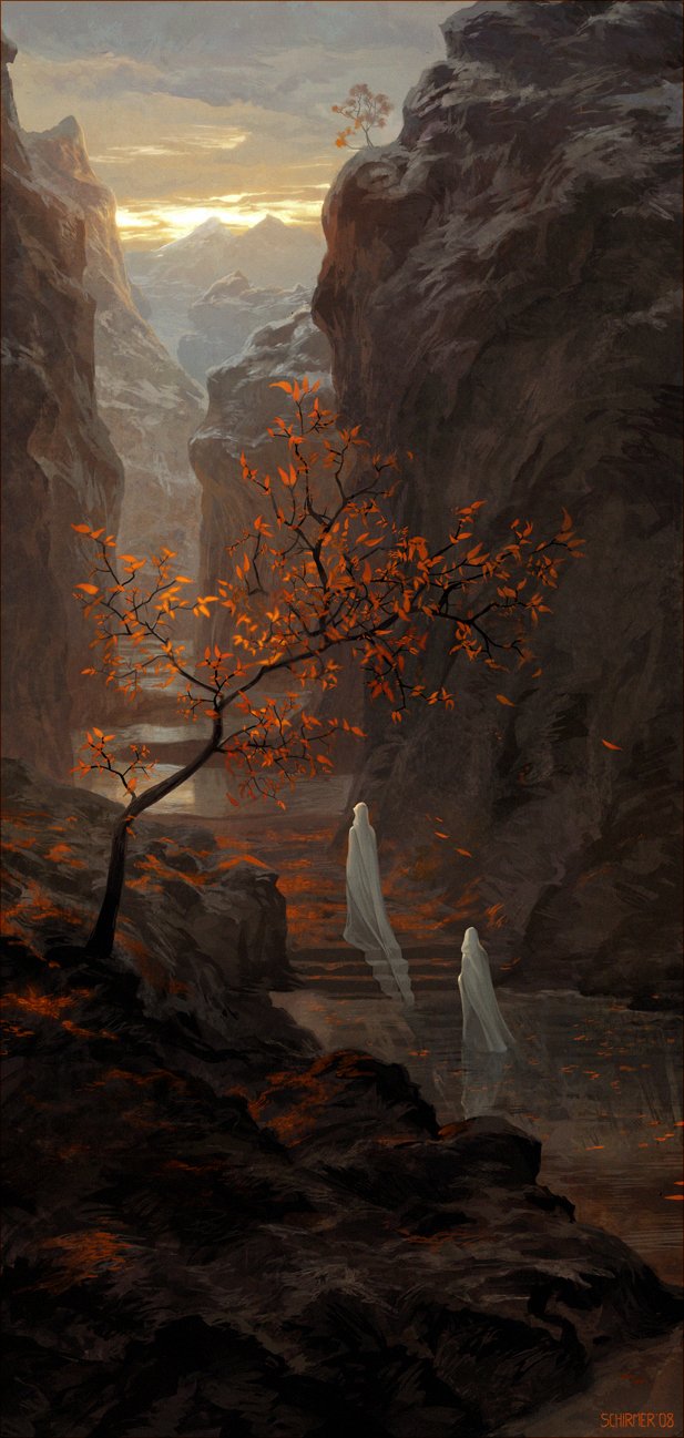 A sci-fi landscape featuring two ethereal figures walking through a rocky canyon illuminated by a glowing orange-leaved tree at sunset.