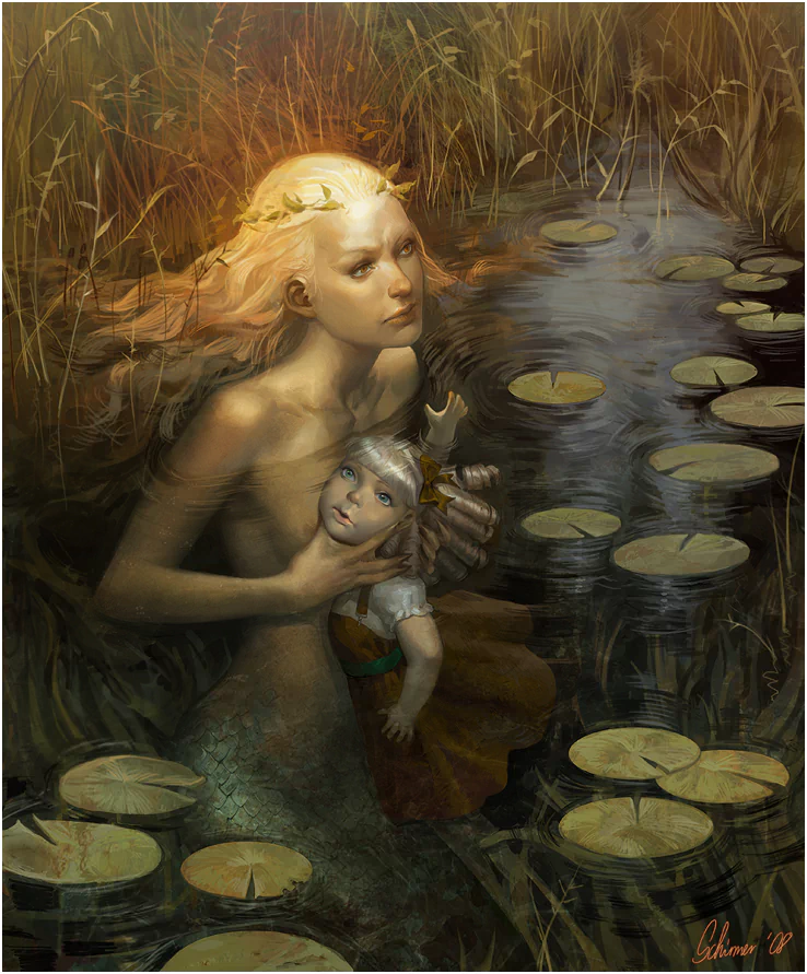 Fantasy woman with flowing golden hair emerges from lily-filled marsh, cradling a small crowned, doll-like child amid reeds and reflective water.