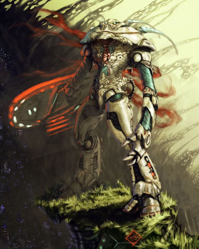 Biomechanical Sci‑Fi creature in an armored exosuit with glowing tech and a trailing red cloak, standing on a grassy cliff against a stormy, alien sky.