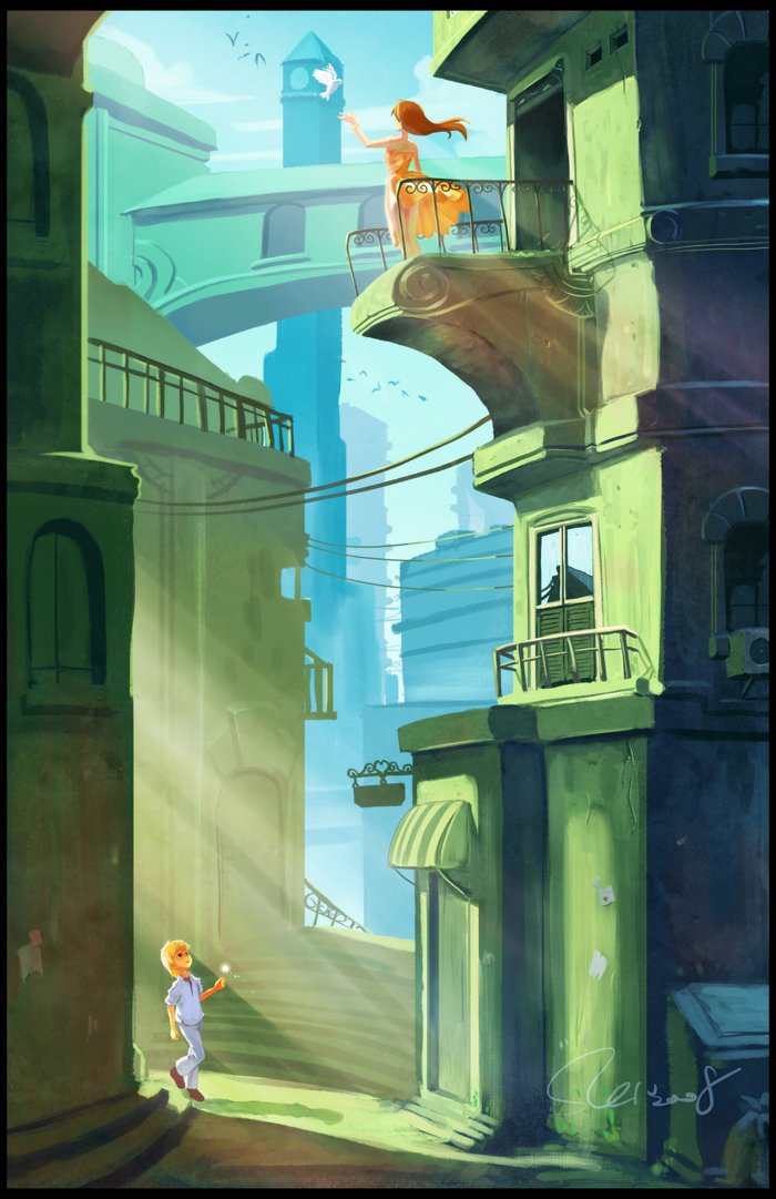 A vibrant artistic scene depicting a connection between two figures, one on a balcony and the other below, symbolizing love amidst a whimsical urban landscape.