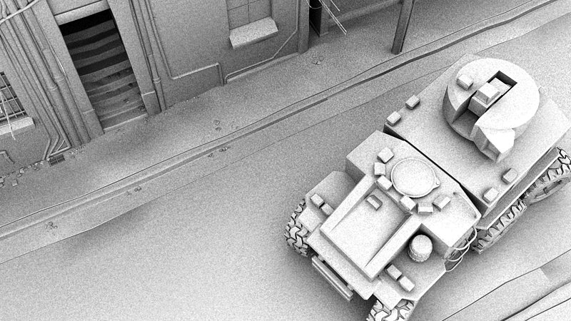 A military tank parked on a street near a building entrance with steps leading inside, surrounded by a stark, urban environment.