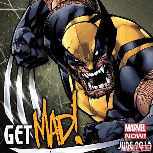 Comic Wolverine in yellow-and-blue costume snarling with claws extended toward the viewer, GET MAD! graffiti text and a small Marvel Now logo in the corner.