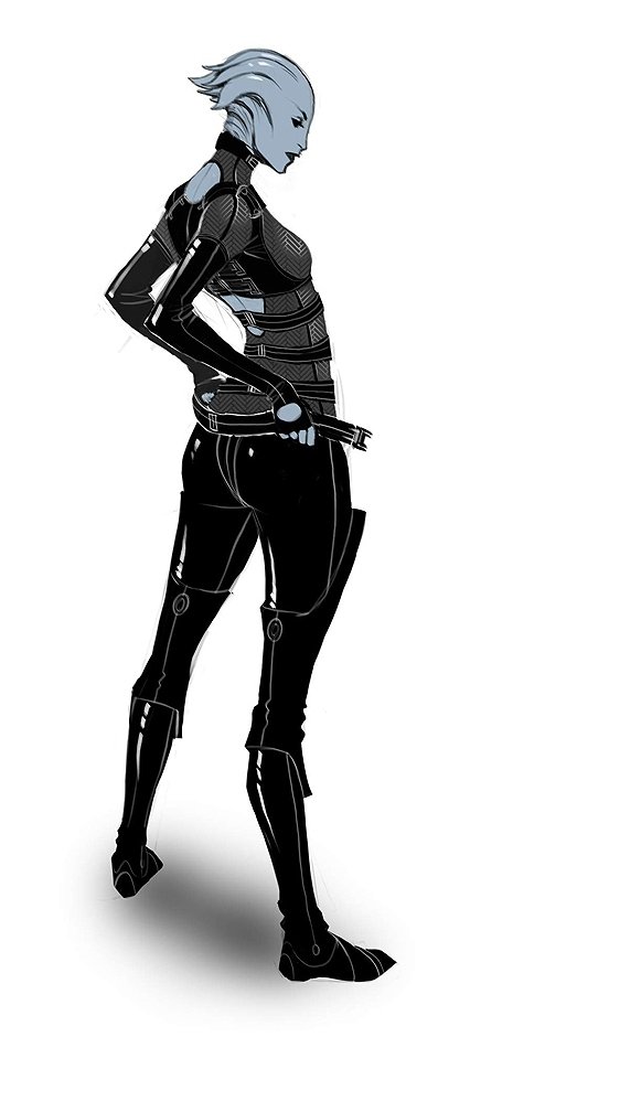 Sketch of a futuristic sci‑fi woman in a sleek armored suit — character design shows blue-toned skin, tech detailing, and a confident hands-on-hip stance.