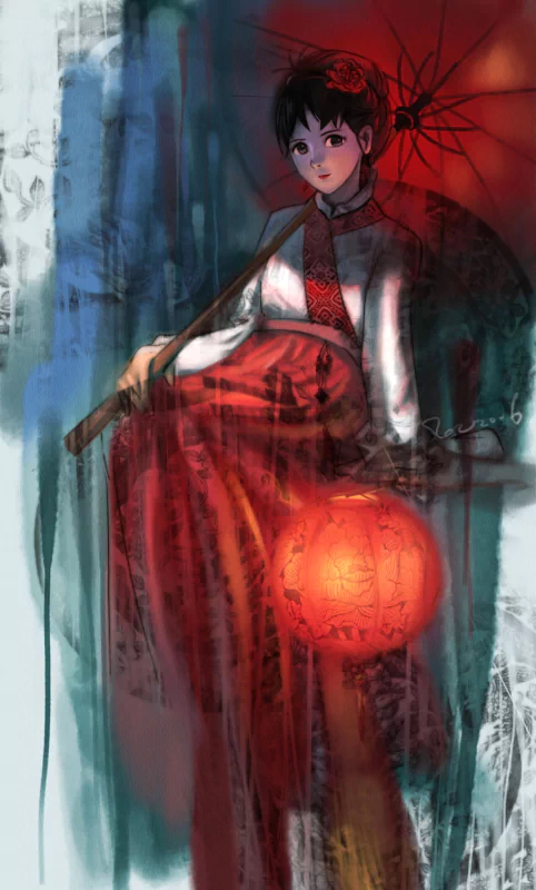Artistic illustration of a woman holding a red umbrella and glowing lantern, dressed in traditional attire with a serene expression.