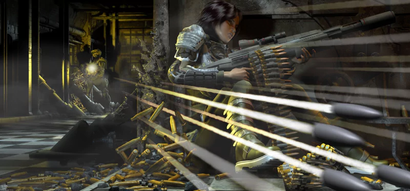 A dynamic scene featuring a professional soldier, clad in armor, firing a rifle. Bullets are in motion, highlighting a tense moment of military combat. The setting is dark and atmospheric.