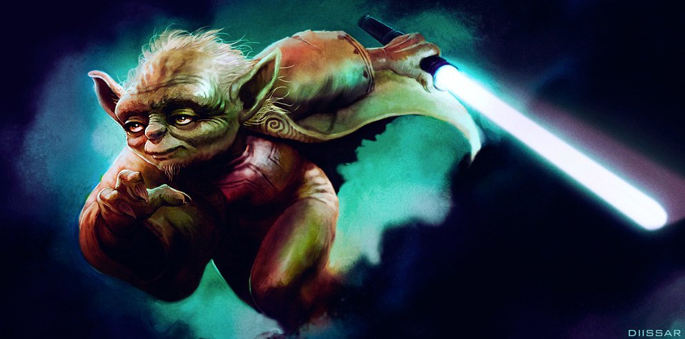 Yoda from Star Wars floats mid-air, lightsaber ignited, green skin and cloaked robes against a smoky sci-fi background.