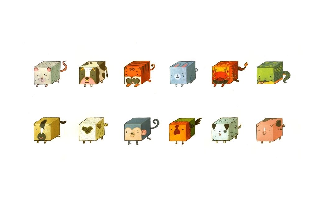 Gouache painting of twelve cube-shaped Chinese zodiac animals in a colorful, playful artistic set on a white background.