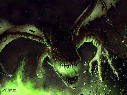 A looming fantasy dragon with a glowing green maw and clawed limbs bursts from toxic mist, wings outstretched and teeth bared.