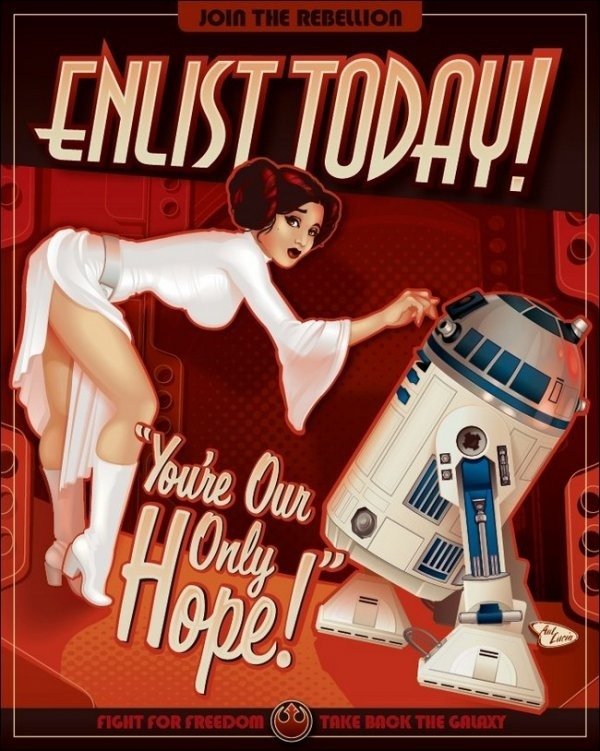 Retro-style Star Wars recruitment poster featuring Princess Leia leaning toward R2-D2 with the text Enlist Today! You're Our Only Hope! in bold sci-fi lettering.