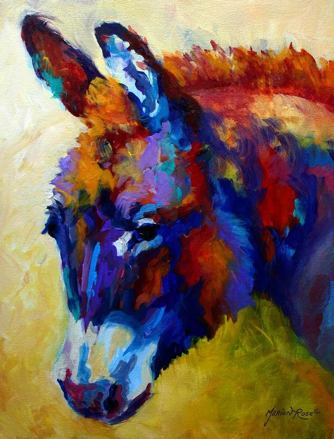 Artistic painting of a colorful donkey head rendered in bold, expressive brushstrokes with vivid blues, reds, purples and warm yellows.