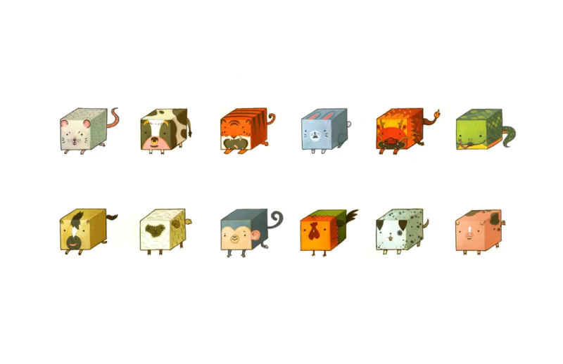 Gouache painting of twelve cube-shaped Chinese zodiac animals in a colorful, playful artistic set on a white background.
