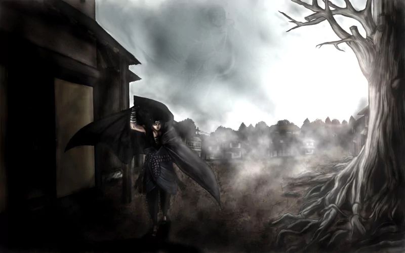 Anime Naruto scene: a cloaked shinobi leans by a dark building amid fog and crows, a gnarled tree and ruined village under a stormy sky.