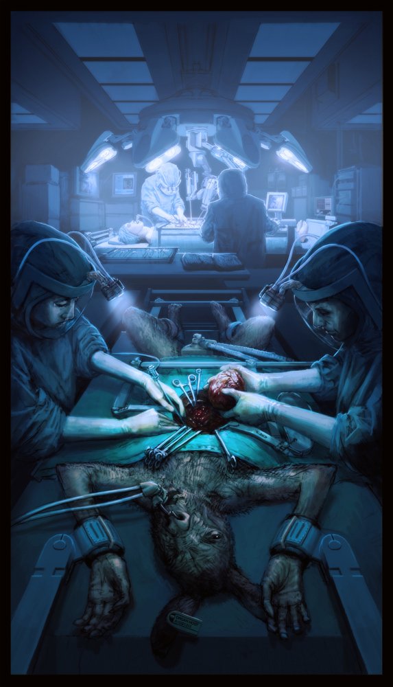 Sci‑fi operating room: a medical team performs surgery on a restrained humanoid creature beneath robotic lights and monitors.